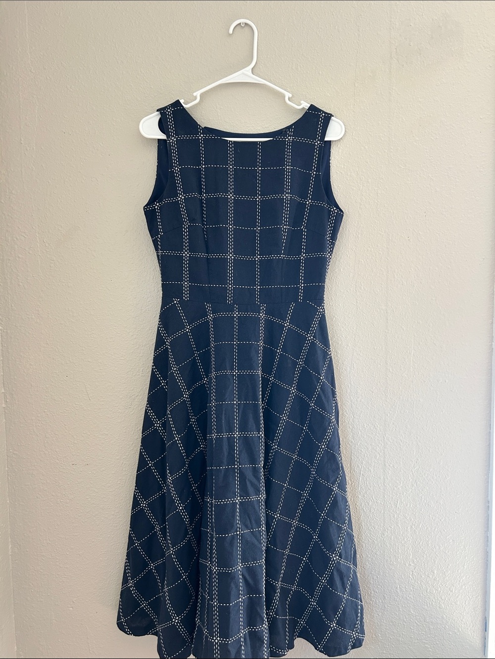 Sleeveless Navy Windowpane Fit-and-Flare Dress